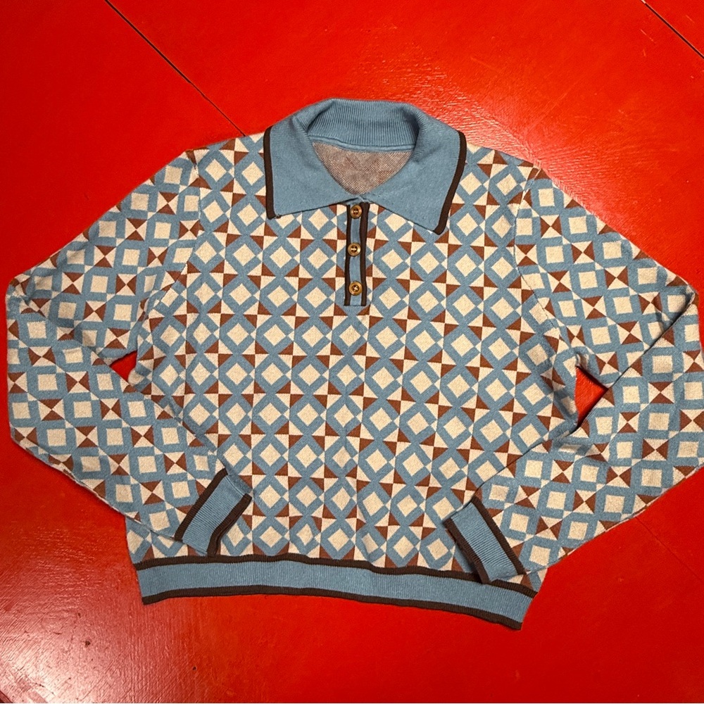 Cider Geometric Knit Polo Sweater in Light Blue, Brown, White - Picture 2 of 12